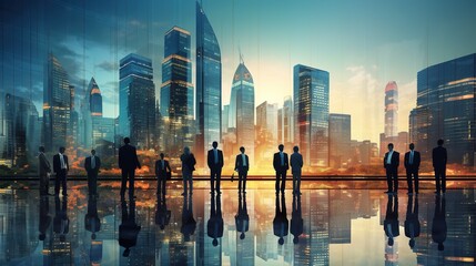 Silhouette of business people in a row standing over city view. generative ai