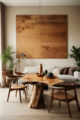 Rustic live edge table and chairs near beige sofa. Scandinavian interior design of modern living room with big art wooden poster. Image created using artificial intelligence.