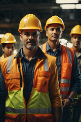 Industrial workers in safety vests and hard hats collaborating on a project. Image created using artificial intelligence.