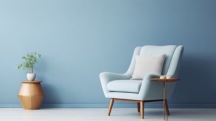 Stylish living room design with armchair and modern accessories. Blue wall. Staging. Template. Copy space.