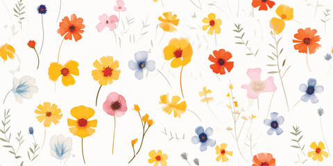 Fototapeta na wymiar Floral seamless pattern with pressed flowers and leaves burgundy and delicate yellow colors. Watercolor print in vintage herbarium style, illustration for textile, wallpaper or wrapping paper