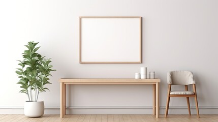 Contemporary Scandi room with wooden console, poster frame, and plants. Interior design composition.