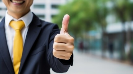 Businessman with thumb up on blurred city background, business success concept