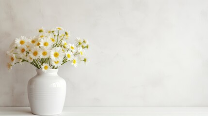A white vase with daisies on a table in a white room, flowers for Grandmas birthday and womens day in a white space.