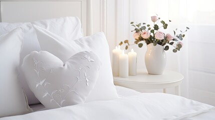 Heart shaped pillow with 'be my valentine' on bed in white room. Love and romance.