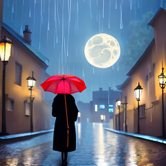 woman red coat and umbrella walking under the rain in the moonlight
