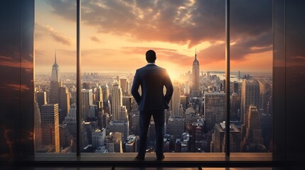 Obraz na płótnie Canvas Businessman standing on top of a building and looking at sunset is successful