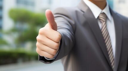 Businessman show thumb up on blurred outdoor background, business success concept