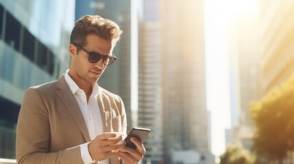 Handsome young businessman using his smartphone while walking through the city