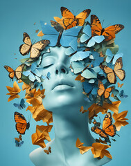 Esprit humain avec des papillons qui s'envolent, pensée positive, esprit créatif, concept de soins personnels et de santé mentale - IA générative - obrazy, fototapety, plakaty
