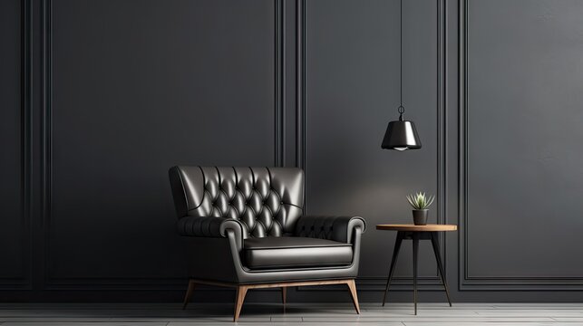 Modern black leather armchair in living room interior design, 3d illustration with black wall and copy space on left.