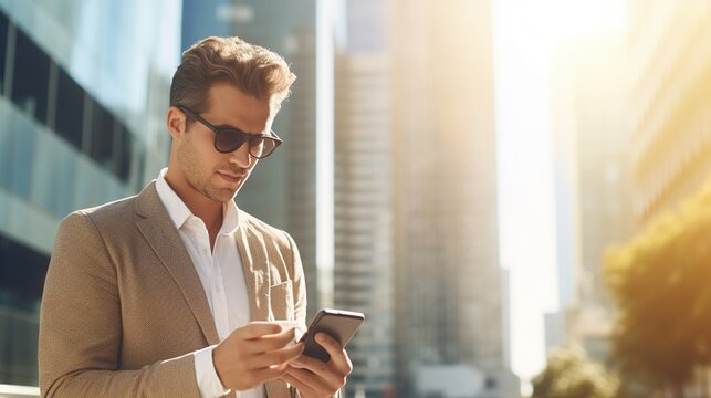 Handsome young businessman using his smartphone while walking through the city