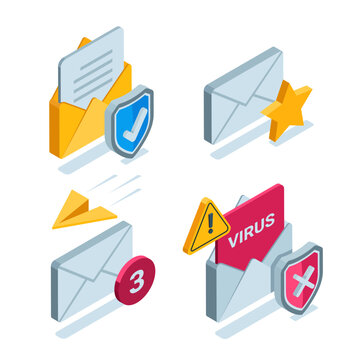 isometric set of mail envelopes with icons in color on a white background, mail message or verified and viral letter