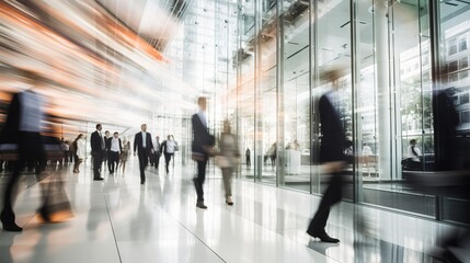 Business people walk in the corridor of an office building. Blurring of motion