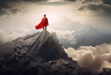 Businessman superhero with red cape standing and looking on the top of mountain landscape background