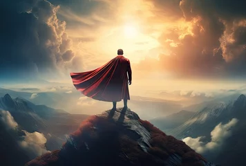 Schilderijen op glas Businessman superhero with red cape standing and looking on the top of mountain landscape background © Virtual Art Studio
