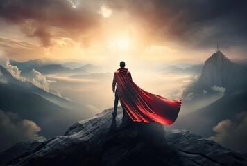 Businessman superhero with red cape standing and looking on the top of mountain landscape background - obrazy, fototapety, plakaty