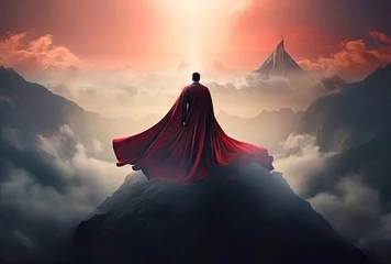 Photo sur Aluminium Gris 2 Businessman superhero with red cape standing and looking on the top of mountain landscape background