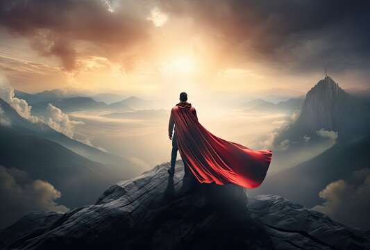 Businessman superhero with red cape standing and looking on the top of mountain landscape background