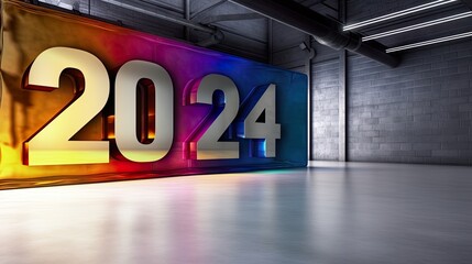2024, 2024 in metal on a wall, industrial indoor space room, concrete wall, business and professional greetings for a happy new year 2024.