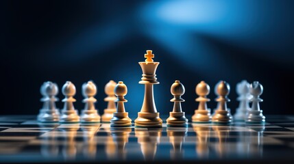 Concepts of competition challenge of leader business team and leadership strategic plan and risk management or team player are represented by the king chess piece standing on the chessboard.