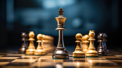 chessboard with a group of chess pieces on it. The pieces are arranged in a strategic formation, suggesting that a game of chess is in progress.