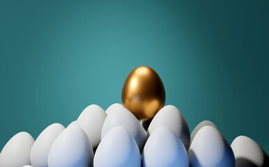 Concept of individuality, exclusivity, better choice. One golden egg among white eggs