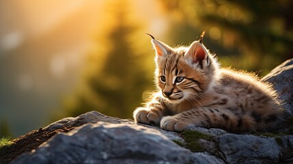 Lynx kitten napping on a rock, set against a backdrop of alpine forests