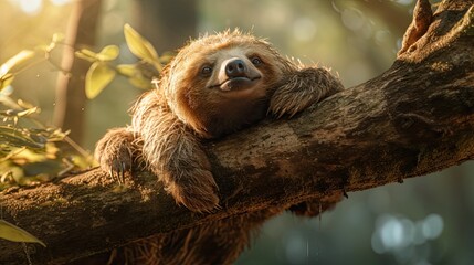 Sloth hanging and sleeping upside down, using its claws as anchors