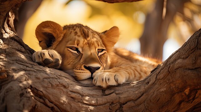 Lion cub sleeping under the shade of an Acacia tree, shielded from the midday sun