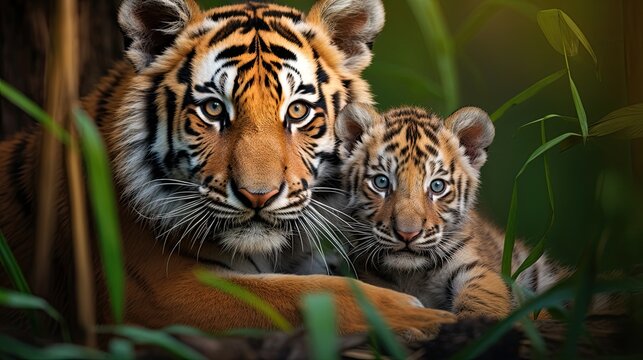Tiger cub nestled against its mother, emphasizing safety and bond - Powered by Adobe