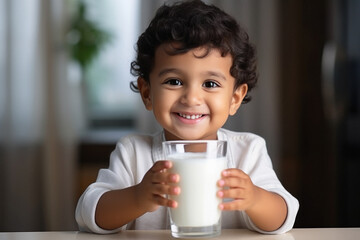 Cute indian little boy holding glass of milk and smiling - obrazy, fototapety, plakaty