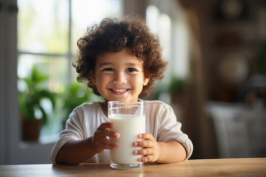 Cute indian little boy holding glass of milk and smiling - Powered by Adobe