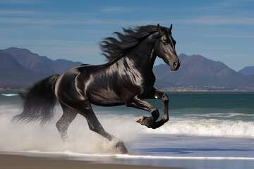 Majestic Black Stallion Galloping by the Seashore