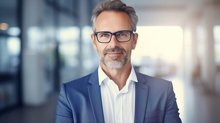 Fototapeta premium portrait of a professional businessman posing with arms folded, looking at camera and smiling. male leadership concept in office. generative ai