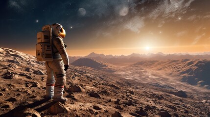 Astronaut on Moon's Surface Admiring Sunrise