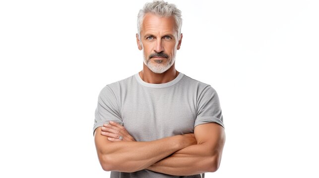 Man posing with arms folded, looking at camera and smiling on white background. male leadership concept. generative ai