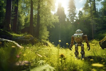 Vintage Robot in Sunny Forest - Retro Futuristic Technology