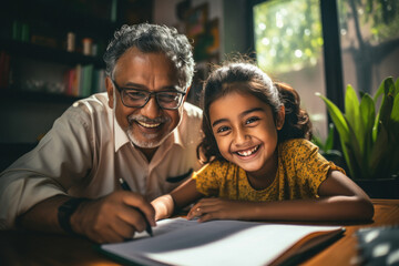 little child girl studying or doing homework with grandpa.