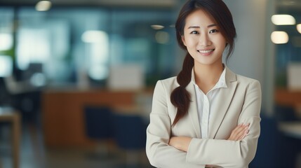 Asian businesswoman in the workplace with her coworkers. Professionalism, diversity, and happiness Working in a modern office as an Asian company manager with a smile