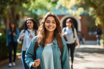 Young girl college student holding books and backpack standing and giving happy expression