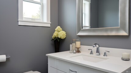 Fototapeta na wymiar minimalist bathroom with square mirror on grey wall, white cabinet, chrome faucet, and side view.