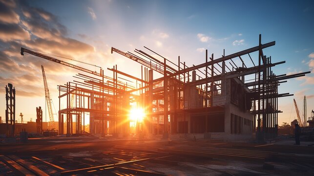construction site with sunset over
