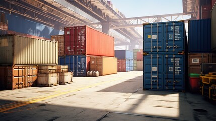 Stacks of cargo freight containers at a port. Shipping crates at an industrial depot or logistics warehouse, ready for export or import. Major units discharged at the dockyard outside as a result of t