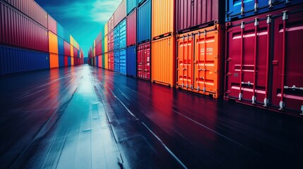 Stacks of cargo freight containers at a port. Shipping crates at an industrial depot or logistics warehouse, ready for export or import. - obrazy, fototapety, plakaty