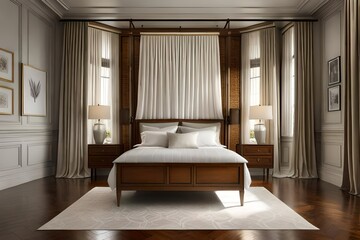 a picturesque Colonial Revival bedroom, emphasizing the graceful simplicity of a four-poster bed and delicate lace curtains