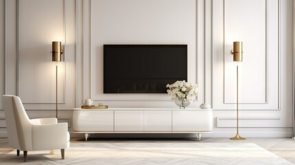 Minimal style white living room with TV and gold lamp, .
