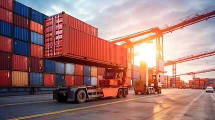 Industrial Container Cargo freight ship, forklift handling container box loading for logistic import export and transport industry concept background transport industry background. generative ai