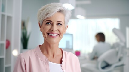 Fototapeta premium Senior woman beams with happiness in a modern dental clinic, showcasing the positive impact of quality dental care on well-being.