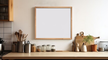 a modern kitchen with kitchenware and a blank framed poster on a wooden wall.